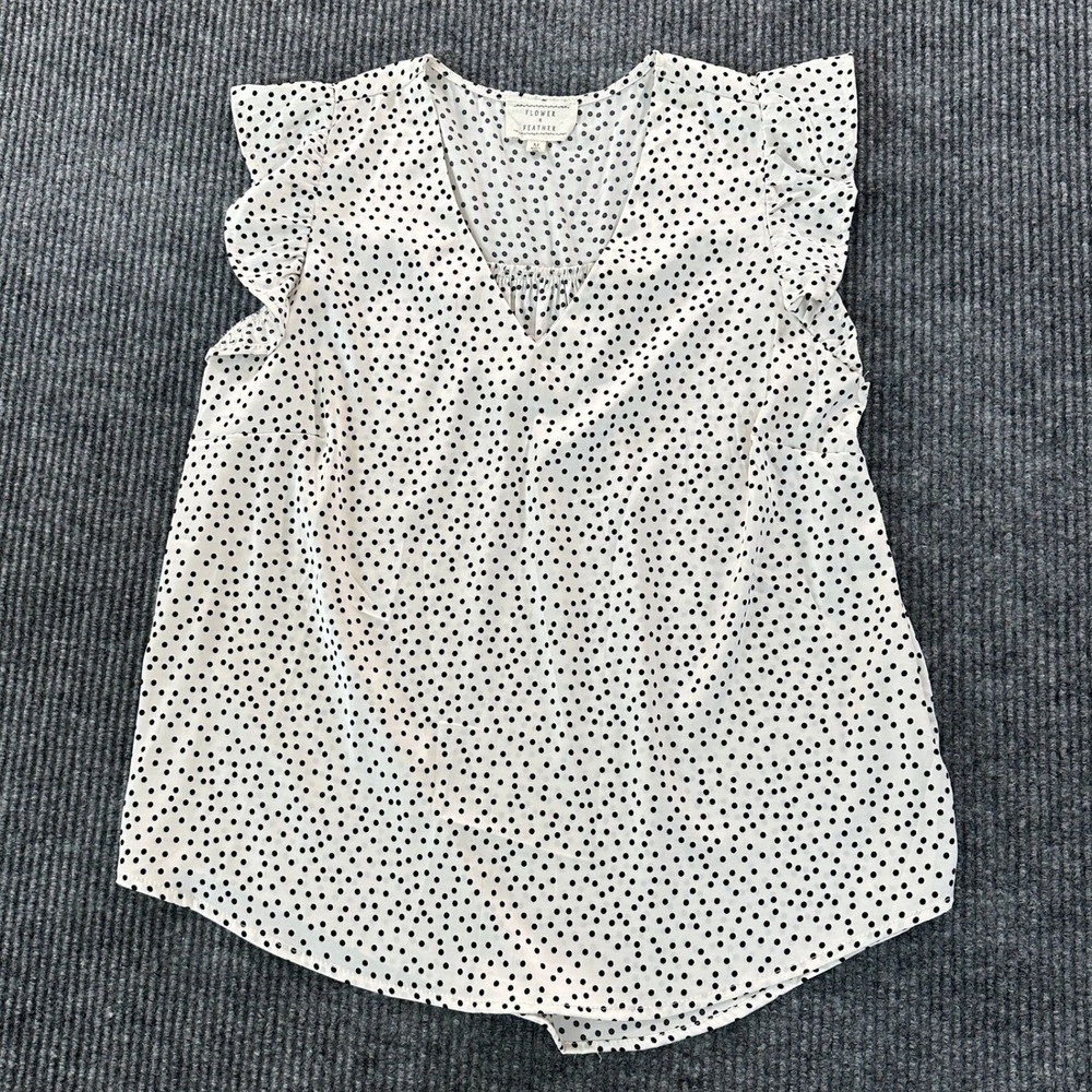 Flower & Feather Polka Dot Ruffle Shoulder Blouse Top Size M White Black V-Neck